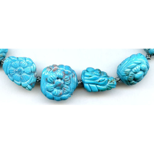 112-2935 Chinese Turquoise <br>12-22x Carved Nugget Necklace
