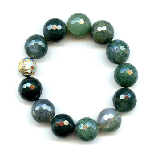180-1138 Moss Agate <br>16mm Faceted Round Bracelet